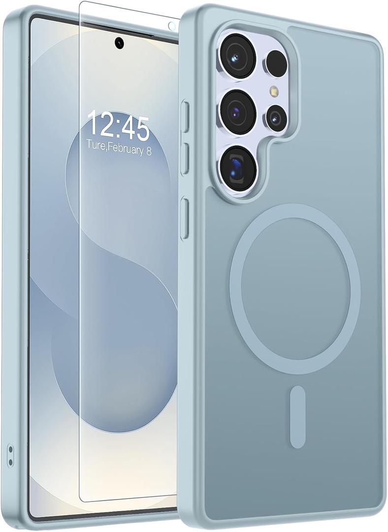 SUPFINE Magnetic for Samsung Galaxy S25 Ultra Case with Screen Protector, (Built-in Magnets) (Military Grade Drop Protection) Slim Translucent Shockproof Phone Case,Sliver Blue