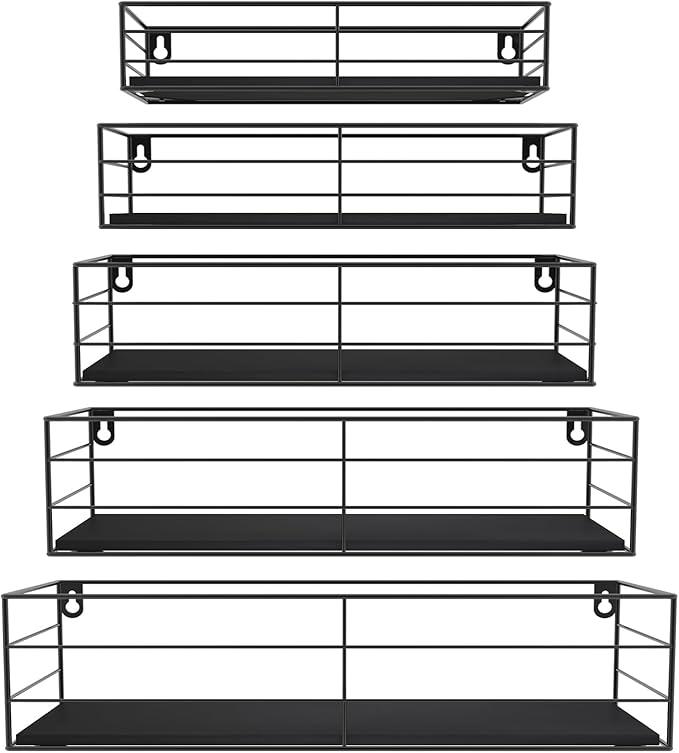 CRUGLA Floating Shelves Wall Mounted Set of 5, Black Hanging Storage Wall Shelf for Bathroom, Kitchen, Bedroom, Living Room Home Decor
