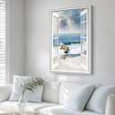Framed Window Beach Scene Wall Art, Nature Blue Coastal Seascape Vertical Canvas Painting Prints, Relaxing Landscape Picture Artworks for Living Room Dining Room Hallway Office Wall Decor, 24x36 Inch