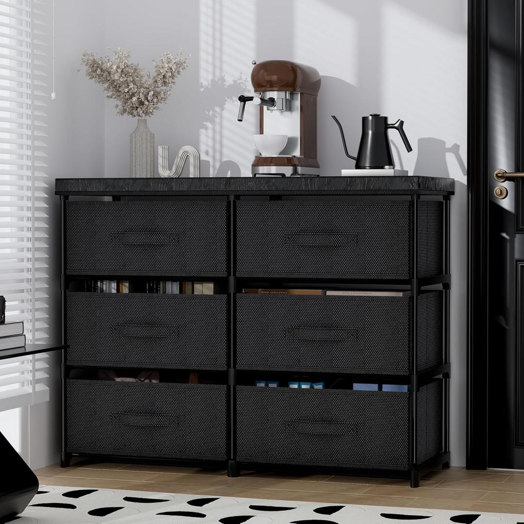 PPN Dresser with 6 Fabric Drawer Stand Desktop Sturdy Metal Plastic Support Tube Cube Storage Cabinet for Living Room, Bedroom Organization Dorm Front Hall Entryway Black