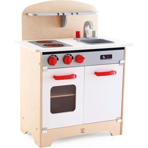 Hape Gourmet Kitchen Toy Fully Equipped Wooden Pretend Play Kitchen Set with Sink, Stove, Baking Oven, Cabinet, Turnable Knobs & Spice Shelf, Red