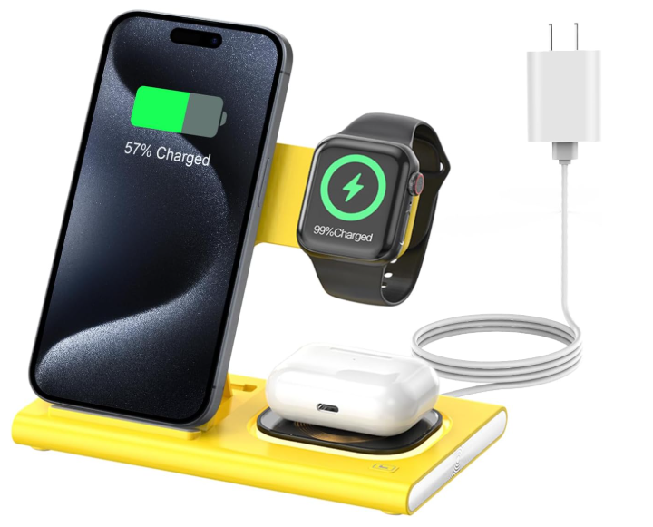 3 in 1 Charging Station for iPhone 17  Wireless Charger for Apple Products for iPhone 17 16 15 14 13 12 11 Pro Max  Foldable Wireless Charging Station Dock Stand for iWatch Series & AirPods(Yellow)