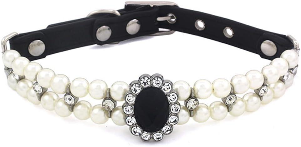 Pet Double Row Pearl Rhinestone Collar Cat Dog Necklace Adjustable Cute Gem Vintage Accessories(7.8 "-9.8") (Black)