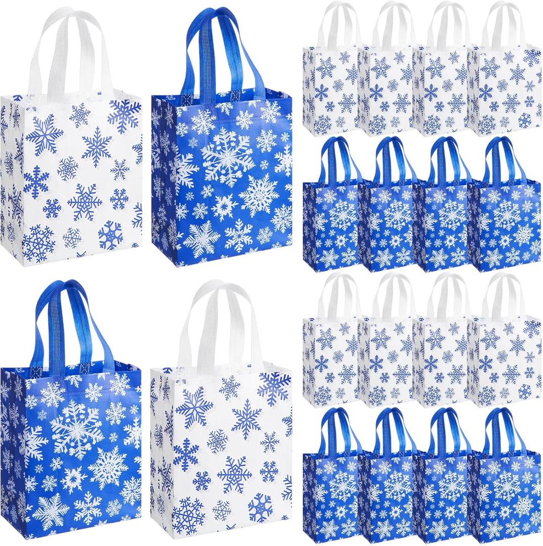 Wovnet 30 Pcs Christmas Bags Bulk Dark Blue Snowflake Winter Merchandise Gift Bags with Handles Reusable Non Woven Tote Shopping Goodie Pouch for Xmas Party Favors 10 x 8 x 4in
