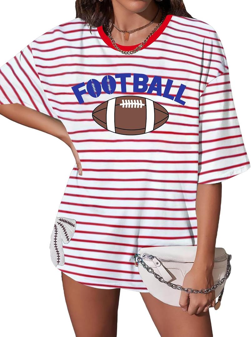 Football Shirt for Women Oversize Game Day T-Shirts Football Graphic Tee Tops Funny Sunday Funday Sport Mom Tops (Large)