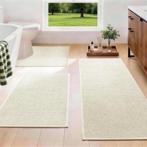 YIHOUSE Beige Bathroom Rugs Sets 3 Piece, Quick Dry Non Slip Thin Bath Mat with Toilet Rug, Absorbent Machine Washable Bath Runner Rugs for Bathtub Sink Home Decor, 17"x24"+17"x47"+17.5"x24"U