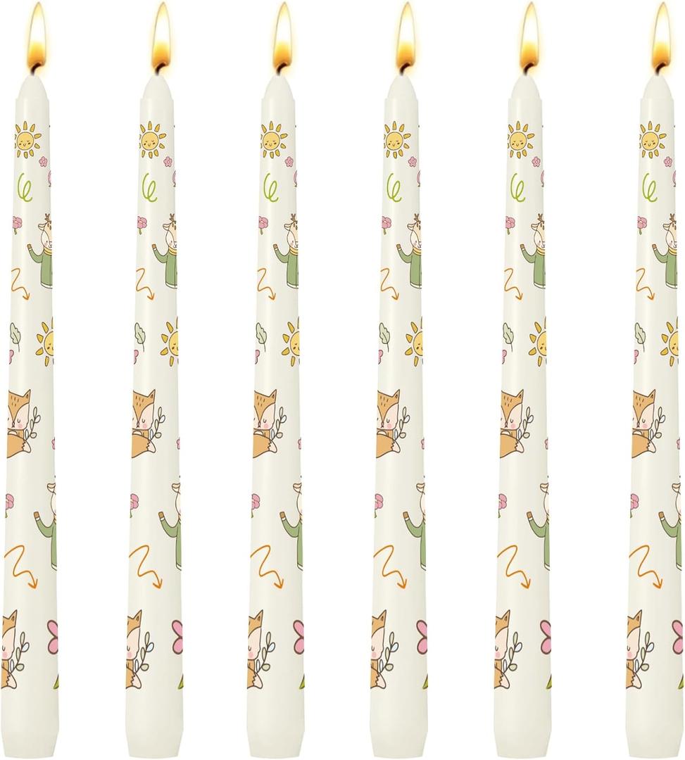 3 x 6 Pack Printed Taper Candles, 10 Inch Ivory Candlesticks with Cute Cartoon Animals Pattern, Unscented Tapered Candles, Dripless and Smokeless Decorative Candles for Elegant Dining