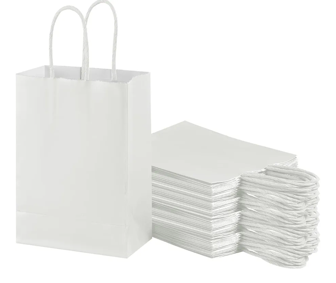 piqiya Small Plain Natural Paper Kraft Gift Bags with Handles White Paper Bag for Birthday Wedding Party Grocery Retail Business Goodie Bags (White，24pcs)