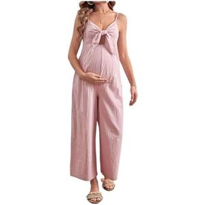 OYOANGLE Women's Maternity Tie Front Jumpsuit Spaghetti Strap Wide Leg Pregnancy Long Pants Romper, Size Medium