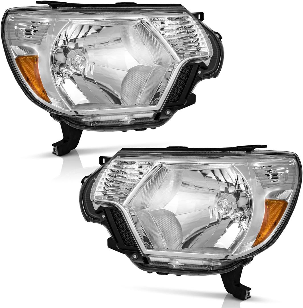 WEELMOTO Headlights for 2012-2015 Toyota Tacoma, Headlamp Assembly Replacement Chrome Housing Amber Reflector Left + Right Side