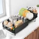 Dish Drying Rack - Large Dish Racks for Kitchen Counter, Expandable Dish Drainers with Cutlery Holder Stainless Steel Rustproof, Black