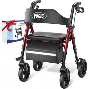 VOCIC Walkers for Seniors, Z21 Rollator Walker with Seat Supports 350lb, 8" Big Wheels for All Terrain, Ergonomic Arc Seat & 6" Ultra Backrest Foldable Walker, Dual Height Adjustment, Lightweight 2025 (Ruby Red)