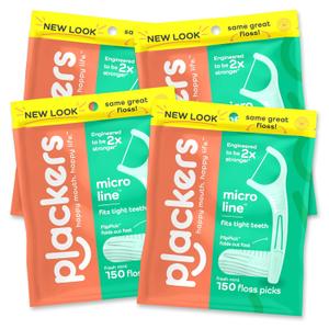 4 x Plackers Micro Mint Dental Flossers, Fold-Out Toothpick, Super Tuffloss, Easy Storage with Sure-Zip Seal, Fresh Mint Flavor, 150 Count (Pack of 4)