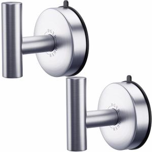 DGYB Large Suction Cup Hooks - Set of 2 Brushed Nickel Towel Hooks for Bathrooms - Stainless Steel Suction Shower Hooks - 15 Lb Removable Wall Hooks for Hanging Heavy Duty