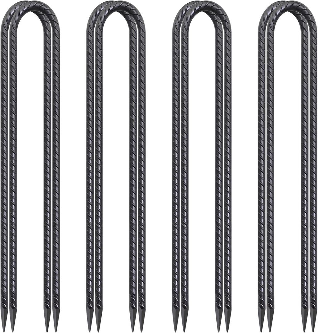 24 Inch Trampoline Stakes High Wind, 3/8 Inch Diameter Rebar Tent Anchors 8 Pack Heavy Duty U Stakes for Ground, Chain Link Fence, Swing Set, Soccer Goal (Black)