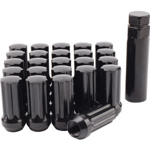 Set of 24, 14mmx1.5 7 Spline Wheel Lug Nuts for 6 Lug Aftermaket, Conical Bulge Seat, Closed End W/ 1 Socket Key, Black