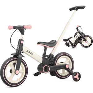JMMD 6 in 1 Toddler Bike with Push Handle for Kids 18-60 Months, 12" Foldable Balance Bike with Training Wheels, Pedals, Brakes, Kickstand, Push Tricycle Toddler Gift & Toys for Boy & Girl, Large