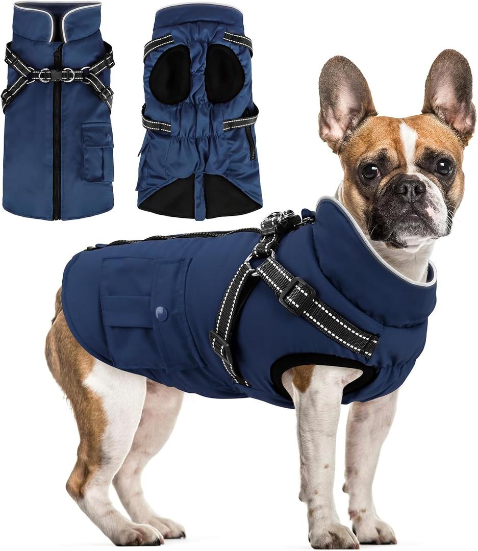 Dog Winter Coat with Harness Built-in | Waterproof Dog Jacket with Zipper & Fleece Lining | Reflective Cold Weather Coat for Small Medium Large Dogs