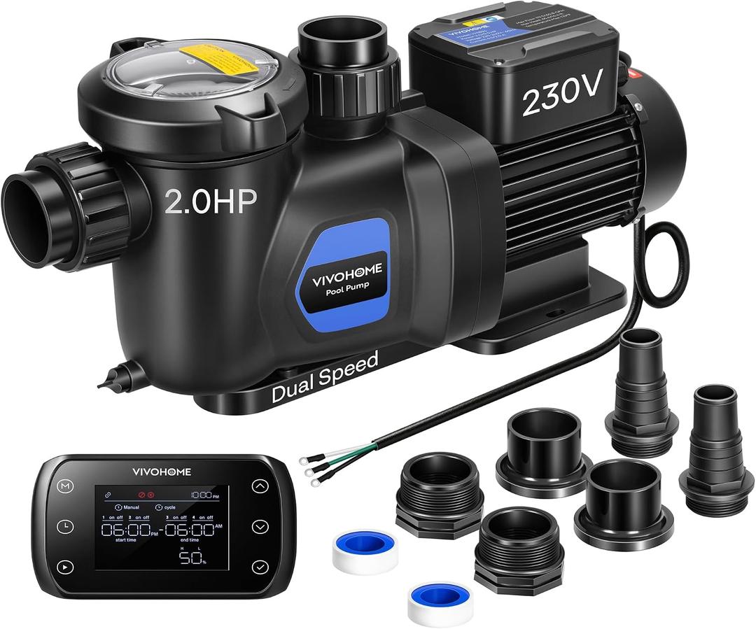 VIVOHOME 2.0HP Pool Pump Dual Speed with Remote Timer 230V
Wireless Remote Control, Fast Self-Primming Motor, 4 Program Segment, for in/Above Ground Pools, Saltwater Pools