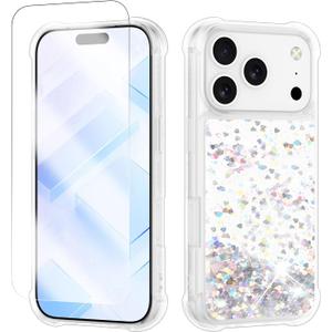 Case Compatible with iPhone 17 Pro, Shockproof Clear TPU Phone Glitter Case with 1 Screen Protector, Bling Glitters Case for Women, Silver
