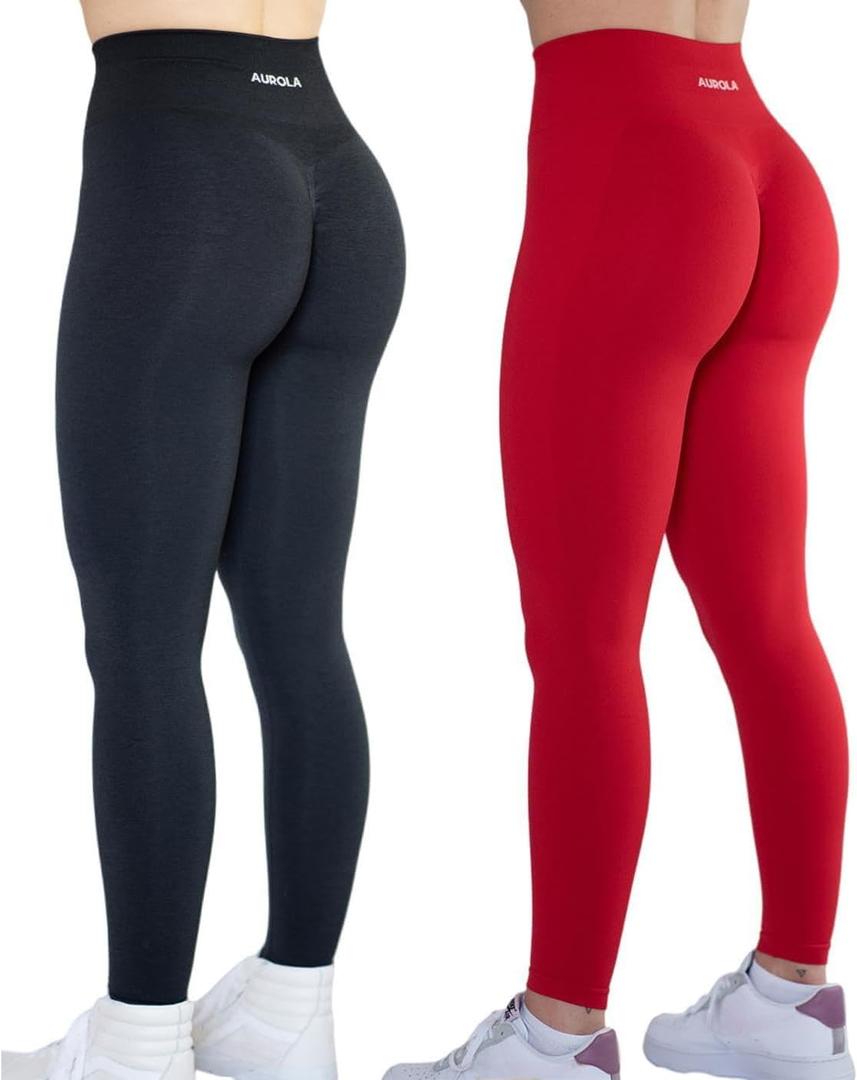 AUROLA Workout Leggings for Women Seamless Scrunch Tights Tummy Control Gym Fitness Girl Sport Active Yoga Pants (Medium, Set (Black+fiery Red))