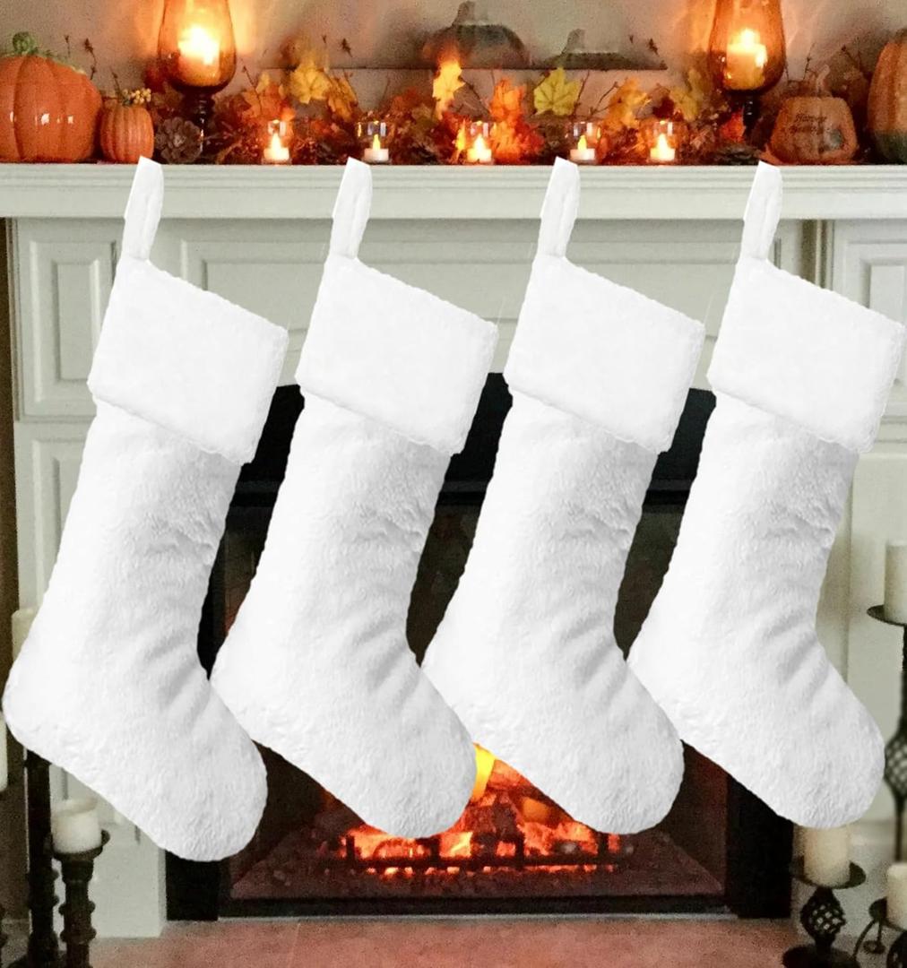 Christmas Stockings Set of 4 Pack, 18 Inch White Fur Stockings Christmas Set, Family Fireplace Snowy White Xmas Stockings Holiday Decorations