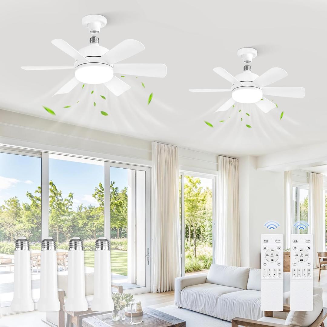 ZMISHIBO 2 Pack 17.9 Inch Socket Fan Light with Remote, Dimmable 3 Colors 6 Speed 1100 Lumens Light Bulb Screw in Ceiling Fan with Lights, Light Socket Ceiling Fan for Bedroom - White