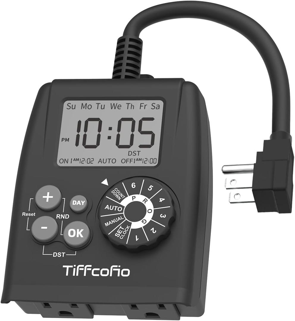 TiFFCOFiO New Digital Outdoor Timer Outlet, Dial Programmable Method, Outdoor Light Timer Waterproof, 2 Grounded Electrical Outlets for Christmas Lights, 6 Sets of Programs, 15A/1875W (1 Pack)