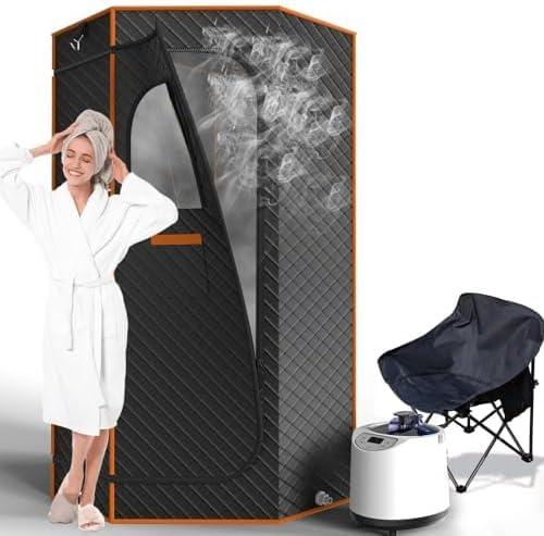 AgiiMan Portable Sauna for Home, Sauna Box with 3L Steamer, Remote Control, Folding Chair and Mat, Full Size Personal Steam Sauna Tent for Home Spa Relaxation, 15 Levels (Apricot)