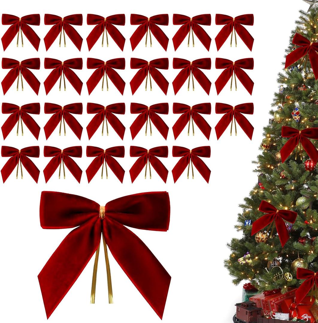 24 Pcs Christmas Bows,Burgundy Red Velvet Bows for Christmas Tree,Twist Tie Bows for Gift Wrapping,Wreath,Crafts,Home,Wedding,Party Decor,Small Christmas Decorations(3.5x3.5 inch)
