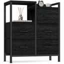 Furnulem 5 Drawer Black Dressers for Bedroom 2 Tier Shelf Storage Small Fabric Dresser for Closet Sturdy Metal Frame Modern Style Storage Cabinets Organization Units for Hallway Rooms