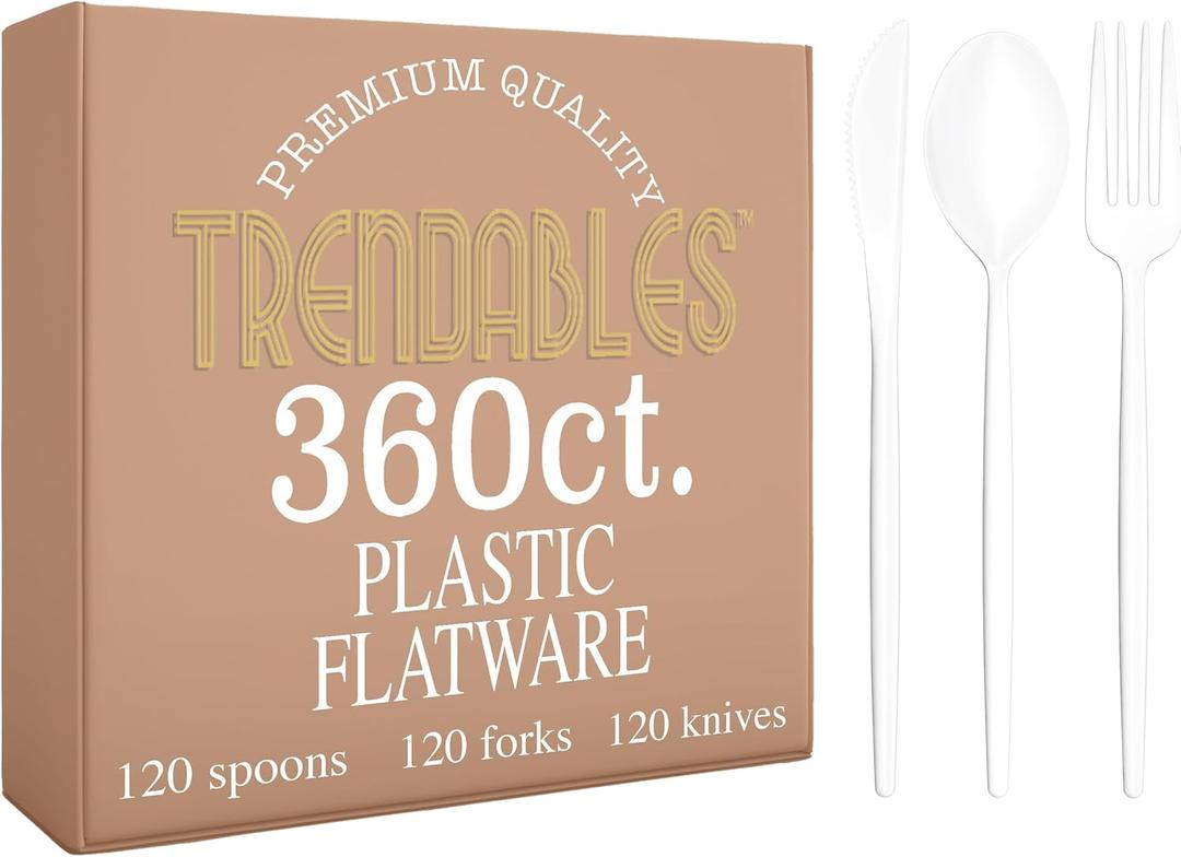 White Plastic Silverware Set White Silverware Disposable Forks and Spoons Disposable 360 Pack Plastic Utensils Set Includes 3 x 120 each Knives & Spoons & Forks For Parties and Events by Trendables