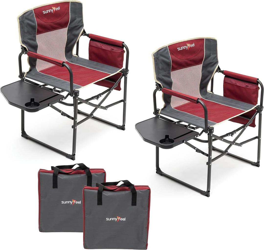 SUNNYFEEL Camping Directors Chair, Heavy Duty,Oversized Portable Folding Chair with Side Table, Pocket for Beach, Fishing,Trip,Picnic,Lawn,Concert Outdoor Foldable Camp Chairs (Red-2set)