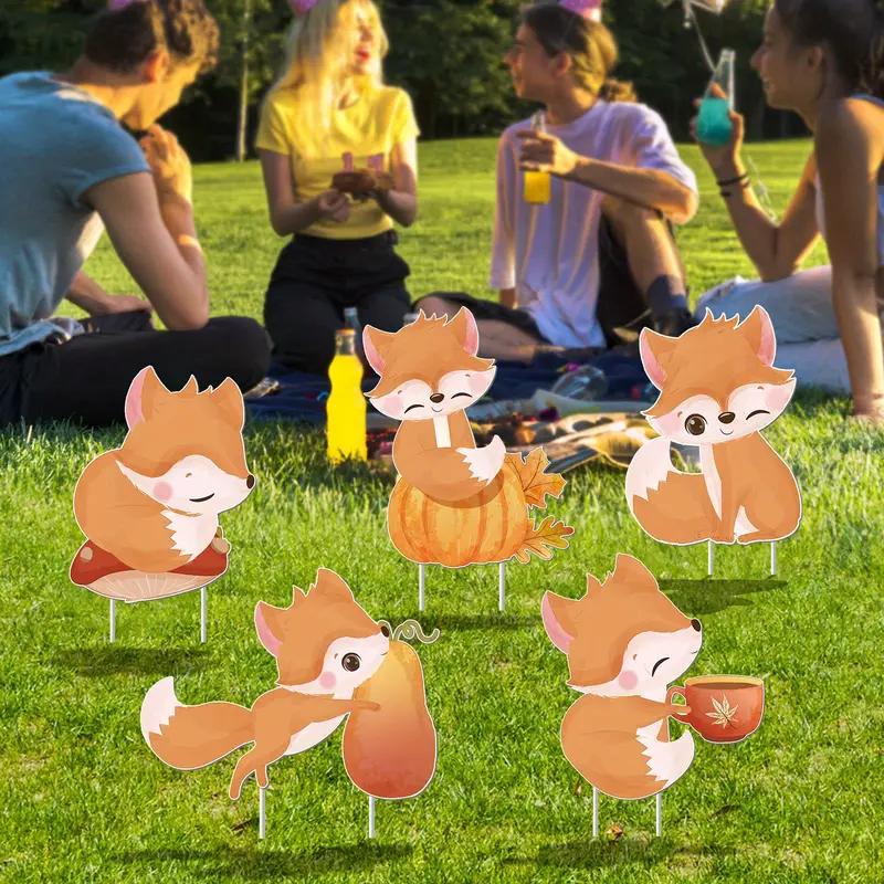 5 piece autumn fox cartoon figurine set stakes plastic
