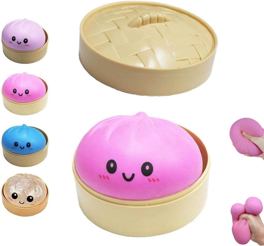 Dumpling Squishies Toy, Giant Glitter Dumpling, Colorful Dumplings Stress Balls Fidget Sensory Toy,Soft Squeeze Decompression Dough with Food Steamer, Stretchy Desk Toys (Pink)