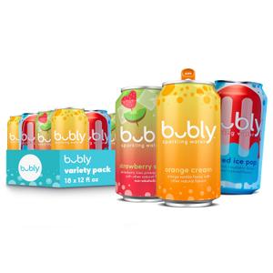 Bubly Sparkling Water, 3 Variety Pack (Melted Ice Pop, Orange Cream, Strawberry Sunset), Zero Sugar & Zero Calories, 12 fl oz Cans (18 Pack), Seltzer Water (EXP 10/01/26)
