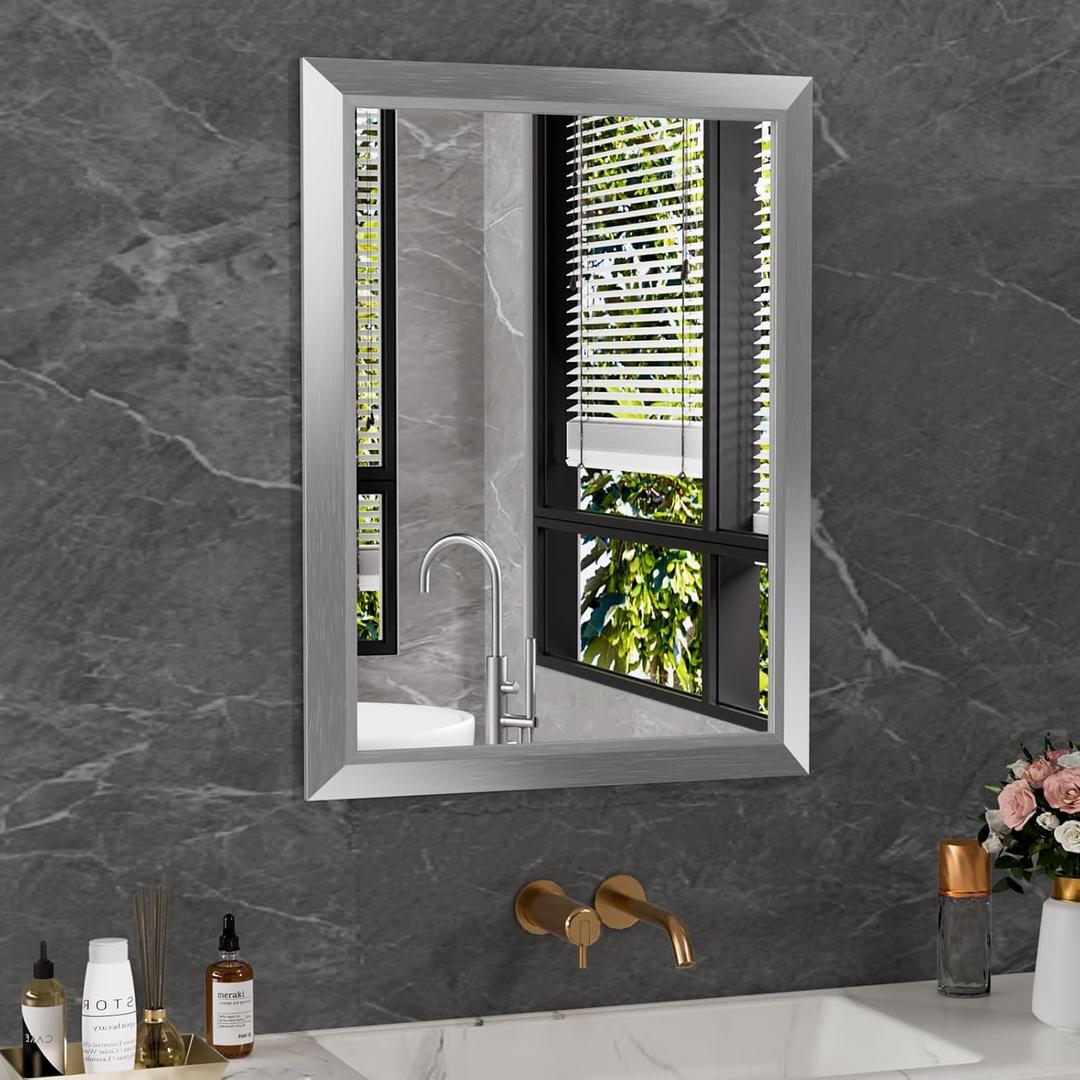 Amorho 24x32 Inch Bathroom Mirror Silver, Thick Metal Framed Wall Mirrors for Over Sink, Brushed Nickel Mirror Perfect for Bedroom, Living Room, Entryway, Rectangle (Horizontal/Vertical).