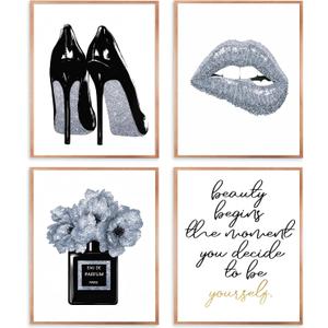 Qabliqo Silver and Black Bathroom Decor Wall Art Prints Set of 4, Silver Fashion Wall Art, Inspirational Women Wall Art Decor for Girls Women Bedroom Bathroom Beauty Room, 8x10 Inches Unframed