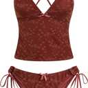 ZAFUL Women's Tankini Set V Neck Tummy Control Floral Printed Tie Side Thong Bikini Swimsuits 2 Piece Bathing Suits M