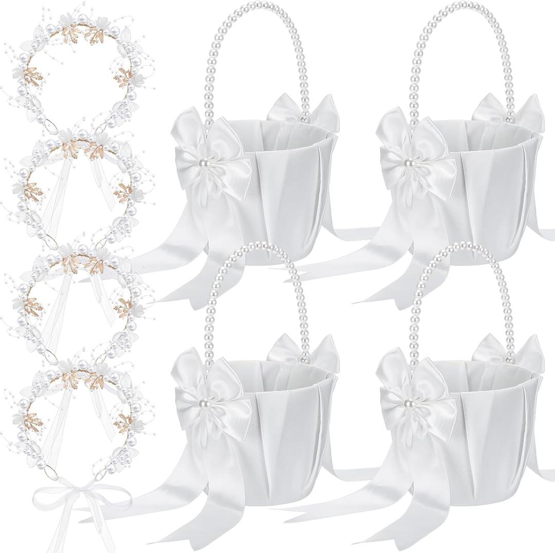 Wedding Flower Girl Basket with Headpiece Set of 4 Ivory Flower Girl Basket with Pearl Handle Ribbon Bow, Wedding Crown Princess Crystal Pearl Hair Accessories for Ceremony, Birthday Party