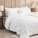 White Comforter Set Queen Size Bed in A Bag 7 Piece Pinch Pleat Bedding Set,Pintuck Ruched Flowers Bed Set with Comforter, Sheets, Pillowcases & Shams