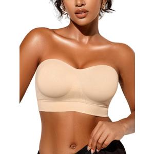 Strapless Bras for Women Non-Slip Silicone Padded Bandeau Bra with Free Clear Strap, Wireless Tube Top Bralette (Large)