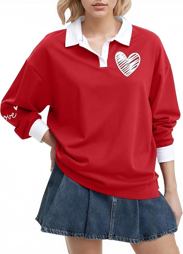 Valentine Shirts for Women Love Heart Graphic Tee Valentines Day Gift Long Sleeve Polo Shirt Casual Loose Lover Tops, Size: X-Large