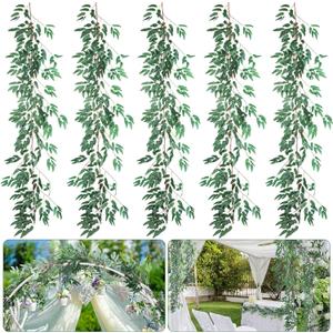 Janinka 5 Pack 6 ft Artificial Willow Leaves Garland Hanging Greenery Vine Twigs Italian Ruscus Fake Plant Faux Silk Ivy Wedding Garland for Home Farmhouse Outdoor Backdrop Table Decor(Light Green)