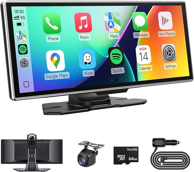 Carplay Screen for Car with 4K Dash Cam, 11.26 inch Portable Wireless A-pple Carplay & Android Auto HD Touchscreen with 1080P Backup Camera, GPS Navigation, Bluetooth, Siri, Mirror Link