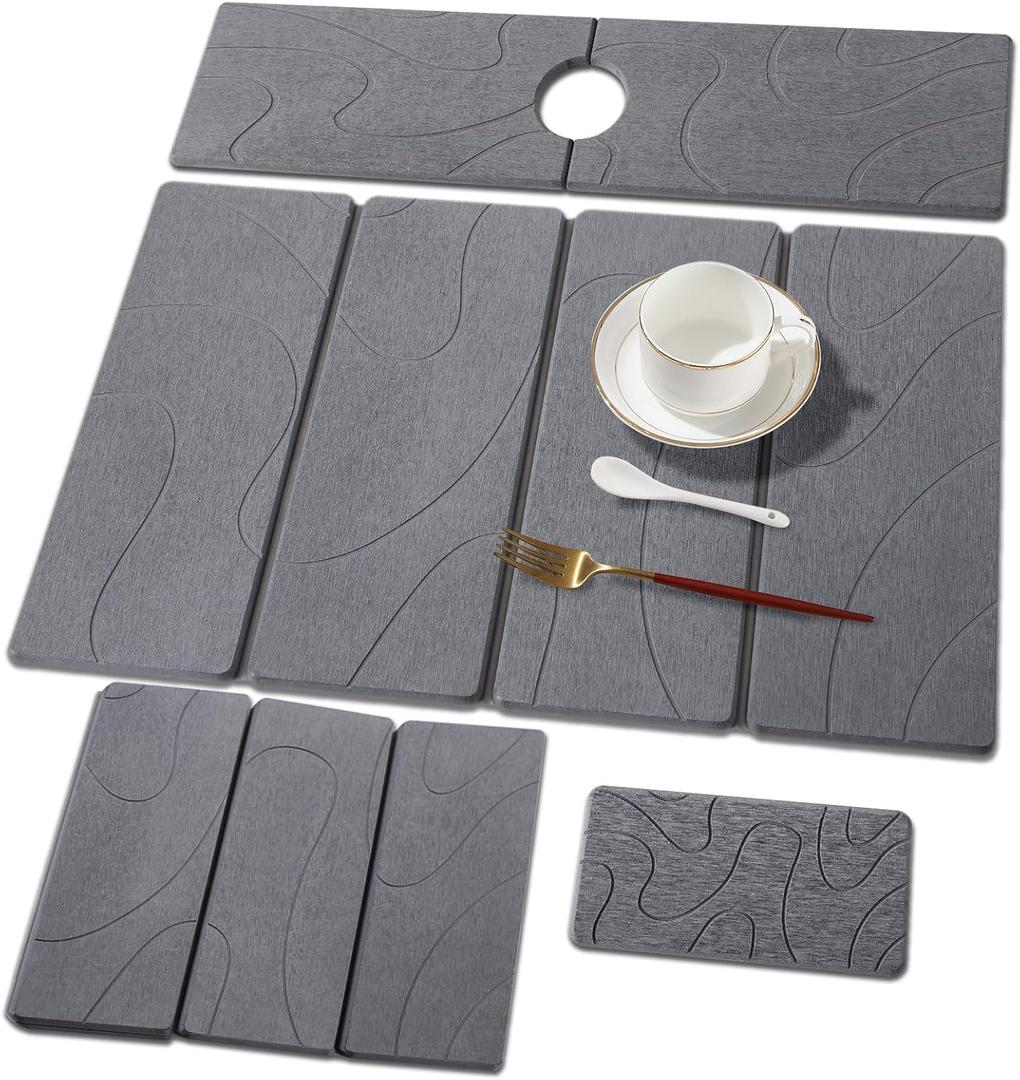 3 PCS Large Stone Dish Drying Mat for Kitchen Counter, Quick Dry Stone Dishes Mats, Sink Faucet Mat, Minimalist Water Absorbing Diatomaceous Earth Drying Pad for Countertop Tableware, Bottles (24*16inch+24*5.5inch+8*4inch, Grey Carving Lines)
