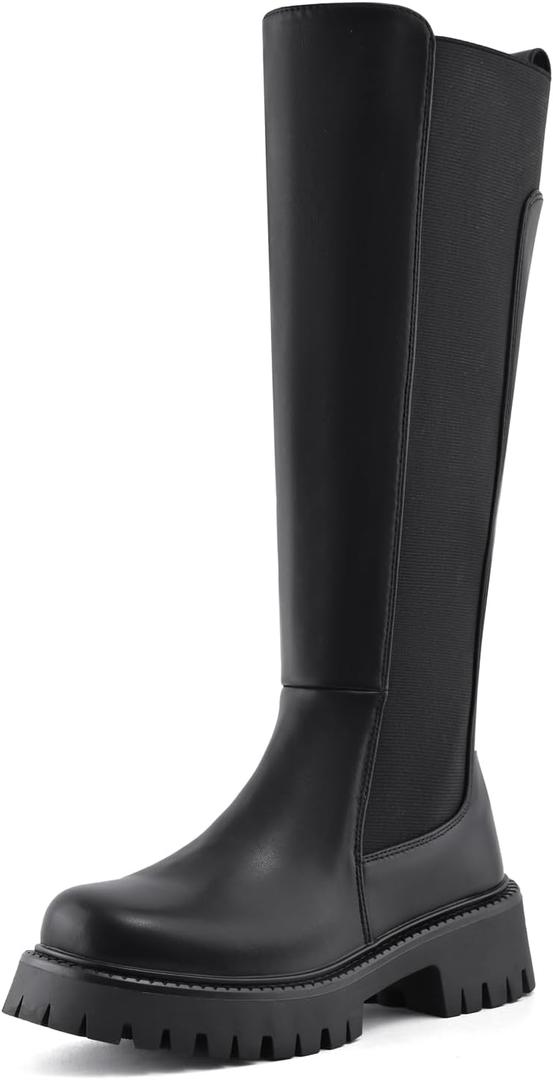Womens Knee High Boots Platform Stretch Lug Sole Riding Boots Round Toe Elastic Comfortable Fashion Dress Boots with Side Zipper (8, Black)