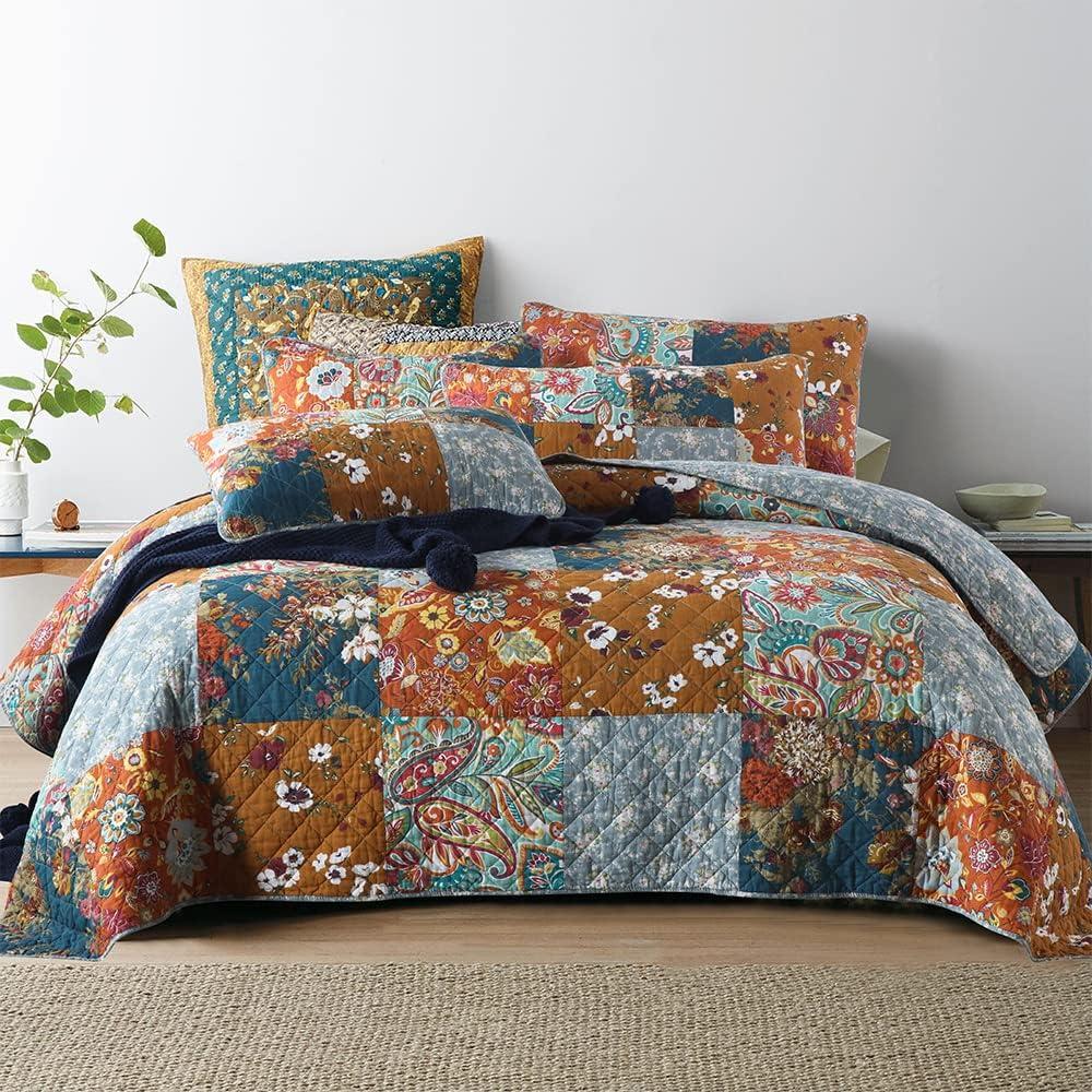 Autumn Dream Cotton Bedspread Quilt Sets Reversible Bedding Coverlet Sets Comforter, Paisley Floral Patchwork Yellow Grey Bedspread, King Size (King (96 by108 Inch))