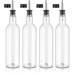 4 Pack 25 oz Plastic Long Neck Bottle with Stainless Steel Pourer and Cap Alcohol Juice Liquor Bottles Syrup Leakproof Tapered Spout Container for Home Bar Use Service Bartending Supplies