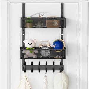 Over The Door Hooks Organizer, Over The Door Towel Rack with 12 Coat Hooks and 2 Mesh Basket, Bathroom Door Organizer Back of Door Hanger Organizer for Bedroom, Kitchen(Black)